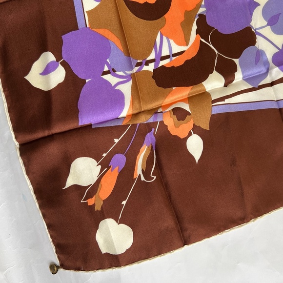 Seta Pura Scarf Abstract Floral Orange Brown Purple Silk 26" Square Rolled Edge - Picture 3 of 4